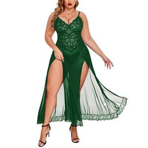 2551 Sexy Lingerie Plus Size Floral Lace Long Lingerie Dress Side Split